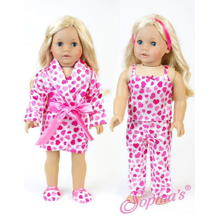 18" Doll Heart Print Satin PJs, Robe and Slippers